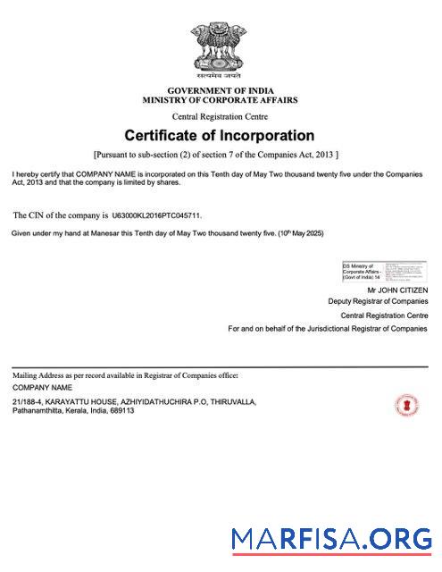 Downloadable India certificate of incorporation Word and PDF template, version 3